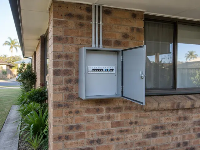 External switchboard cabinet on a brick house wall beside a window in Coolangatta